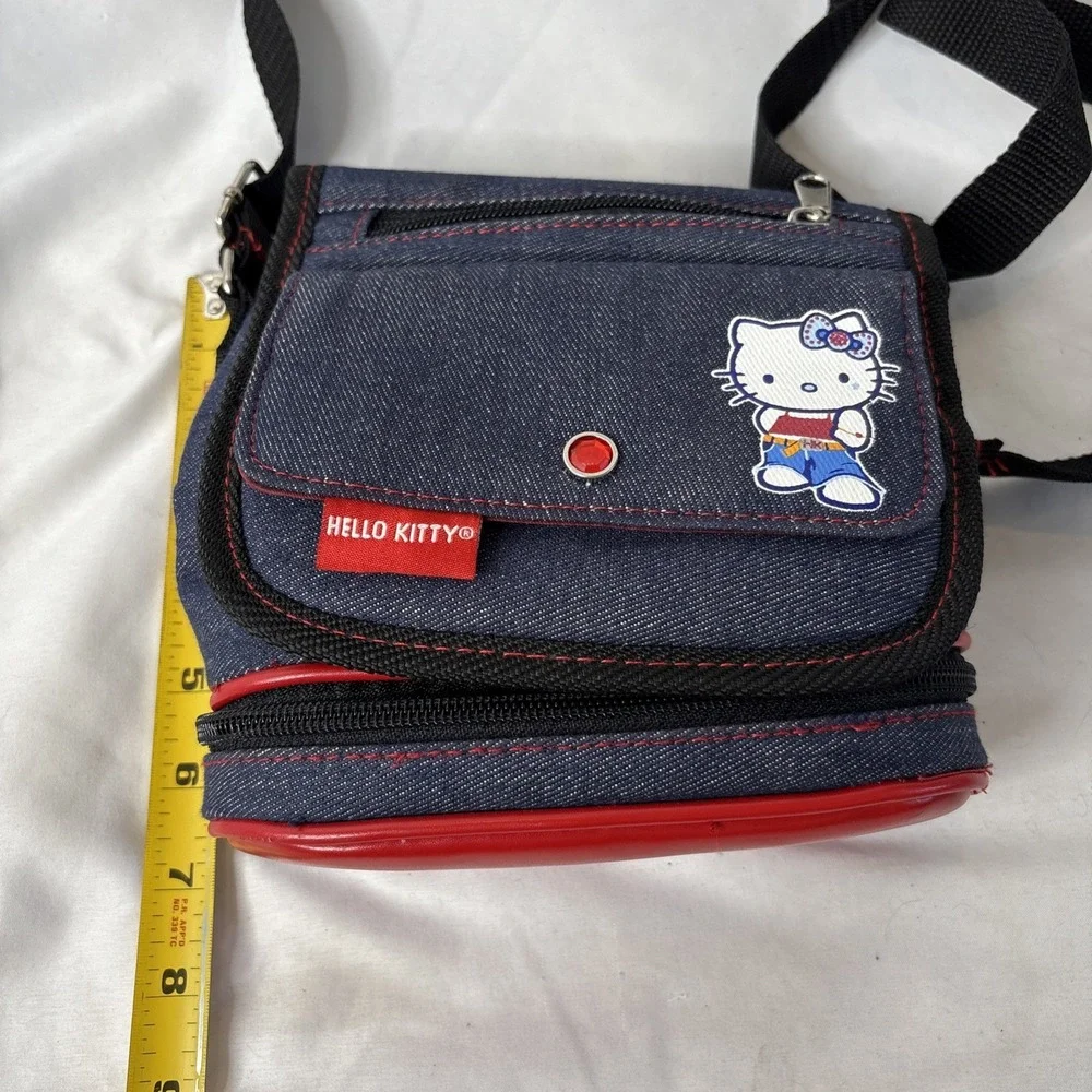 Vtg Y2K 2002 Sanrio Hello‎ Kitty Denim Blue Red Crossbody Bag Purse 7.5x7